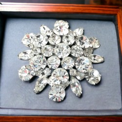 Vintage Weiss Style Large Floral Round Brooch, Clear Rhinestones & Rhodium Plated Brooch