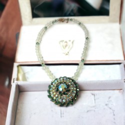 Vintage Green & AB Rhinestones Brooch New Jade Necklace