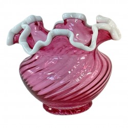 Vintage Fenton Cranberry Swirl Glass Snow Crest Small Vase 1950s