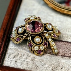 Vintage Victorian Revival Amethyst Rhinestones & Faux Pearls Floral Brooch