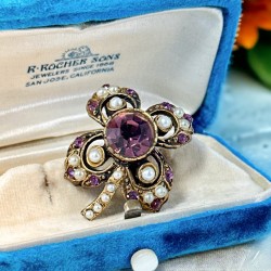 Vintage Victorian Revival Amethyst Rhinestones & Faux Pearls Floral Brooch