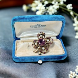 Vintage Victorian Revival Amethyst Rhinestones & Faux Pearls Floral Brooch