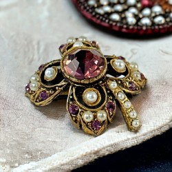 Vintage Victorian Revival Amethyst Rhinestones & Faux Pearls Floral Brooch