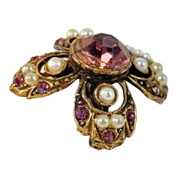 Vintage Victorian Revival Amethyst Rhinestones & Faux Pearls Floral Brooch