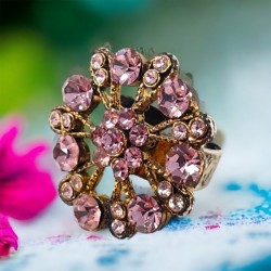 Vintage French Pink Rhinestones Gold Tone Floral Ring