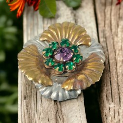 Vintage Amethyst and Emerald Rhinestones Floral Brooch - 1940s