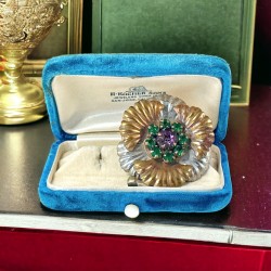 Vintage Amethyst and Emerald Rhinestones Floral Brooch - 1940s