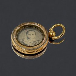 Antique Gold-Filled Mourning Locket Pendant with Sepia Picture of a Little Boy