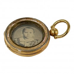 Antique Gold-Filled Mourning Locket Pendant with Sepia Picture of a Little Boy