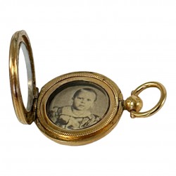 Antique Gold-Filled Mourning Locket Pendant with Sepia Picture of a Little Boy