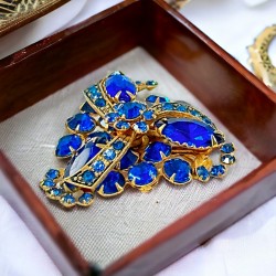 Vintage Sparkly Bright Blue Rhinestones Gold Tone Triangle Brooch