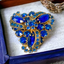 Vintage Sparkly Bright Blue Rhinestones Gold Tone Triangle Brooch