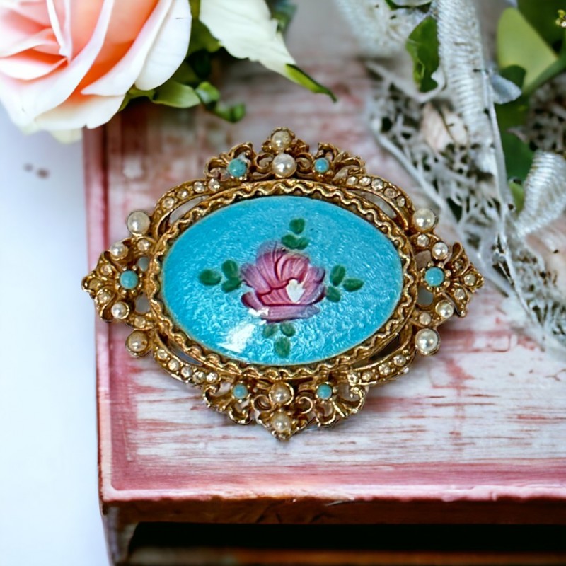 Vintage ART Blue Guilloché Enamel & Pink Rose Brooch, 1950s Beauty