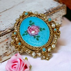 Vintage ART Blue Guilloché Enamel & Pink Rose Brooch, 1950s Beauty