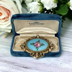 Vintage ART Blue Guilloché Enamel & Pink Rose Brooch, 1950s Beauty