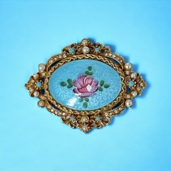 Vintage ART Blue Guilloché Enamel & Pink Rose Brooch, 1950s Beauty