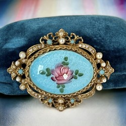 Vintage ART Blue Guilloché Enamel & Pink Rose Brooch, 1950s Beauty