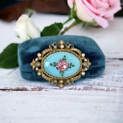 Vintage ART Blue Guilloché Enamel & Pink Rose Brooch, 1950s Beauty