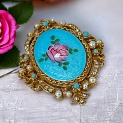 Vintage ART Blue Guilloché Enamel & Pink Rose Brooch, 1950s Beauty