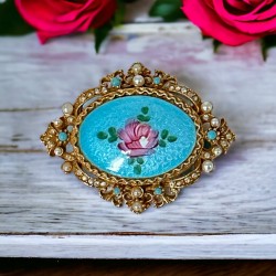 Vintage ART Blue Guilloché Enamel & Pink Rose Brooch, 1950s Beauty