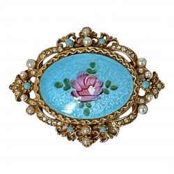 Vintage ART Blue Guilloché Enamel & Pink Rose Brooch, 1950s Beauty