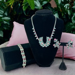 Vintage Weiss Blue Grey & Pink Rhinestones Jewelry Set - Necklace, Earrings, Bracelet