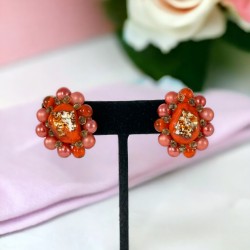 Vintage Japan Orange Foiled Glass Cluster Clip-On Earrings 1950s