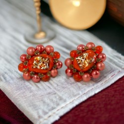 Vintage Japan Orange Foiled Glass Cluster Clip-On Earrings 1950s