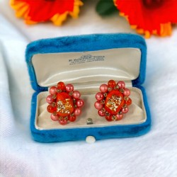 Vintage Japan Orange Foiled Glass Cluster Clip-On Earrings 1950s