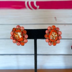 Vintage Japan Orange Foiled Glass Cluster Clip-On Earrings 1950s