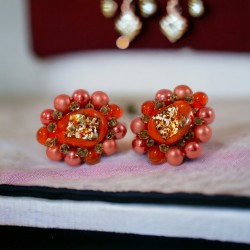 Vintage Japan Orange Foiled Glass Cluster Clip-On Earrings 1950s