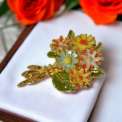 Vintage Enamel Yellow and Orange Flowers Gold Tone Bouquet Brooch