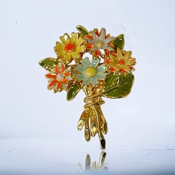 Vintage Enamel Yellow and Orange Flowers Gold Tone Bouquet Brooch