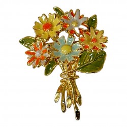 Vintage Enamel Yellow and Orange Flowers Gold Tone Bouquet Brooch