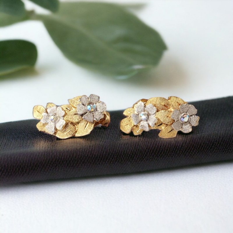 Vintage Kramer Brushed Gold & Silver Textured Clip-On Earrings - Floral Elegance