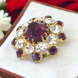 Vintage French Elegance Red and Clear Rhinestones Gold Tone Brooch