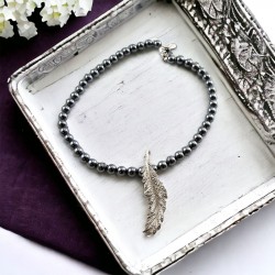 Vintage French Feather Marcasite Brooch & Hematite Necklace