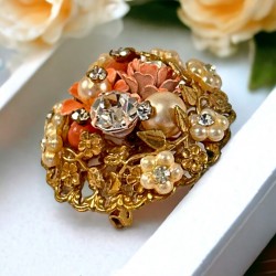 1950s Vintage Orange Floral Filigree Brooch - De Mario Style Inspired