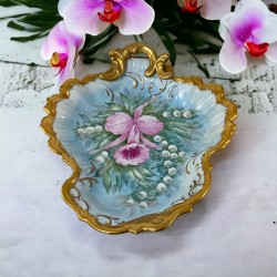 Vintage Mid-century Hand-Painted Porcelain Candy Dish, Pink Orchid Console Bowl Signed BL