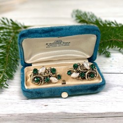 Vintage Lisner Emerald Green Rhinestone & Baby Tooth Faux Pearl Earrings