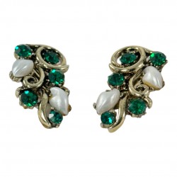 Vintage Lisner Emerald Green Rhinestone & Baby Tooth Faux Pearl Earrings