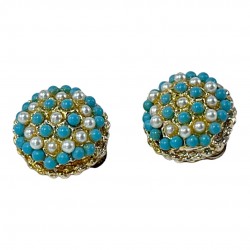 Vintage Turquoise Glass & Faux Pearl Domed Clip-on Earrings - Elegant 1960s Fashion Statement