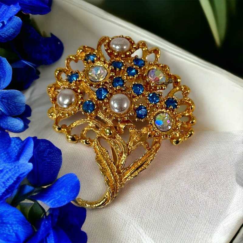 Vintage Sapphire Blue Rhinestone Floral Brooch | Sparkly 1980s Gold Tone Pin