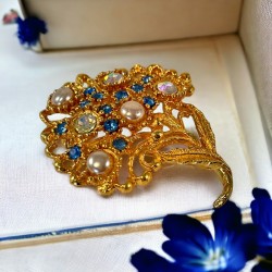 Vintage Sapphire Blue Rhinestone Floral Brooch | Sparkly 1980s Gold Tone Pin