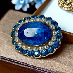 Vintage Sapphire Blue Rhinestones & Faux Pearls Oval Brooch 1930s-1940s