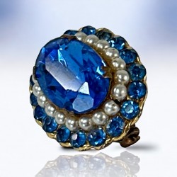 Vintage Sapphire Blue Rhinestones & Faux Pearls Oval Brooch 1930s-1940s