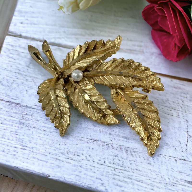 Vintage BSK Gold Tone Leaf Spray Brooch with Faux Pearl | 1960s Fashion Statement | Jewelry Lover Gift