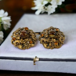 Vintage Brown Porphyry Glass and Rhinestone Clip-On Earrings, 1950s Glamour! Jewelry Lover Gift