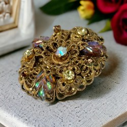 Vintage Intricate Brass Filigree Floral Brooch with Rhinestones and AB Glass Leaves | Gift for Her | Mother's Day Gift