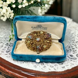 Vintage Intricate Brass Filigree Floral Brooch with Rhinestones and AB Glass Leaves | Gift for Her | Mother's Day Gift
